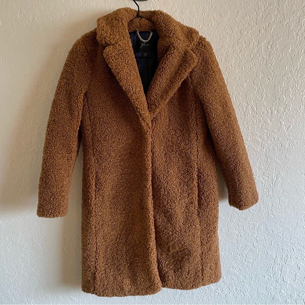 J. Crew Sherpa teddy trench coat jacket XXS petite warm brandy tan - Picture 3 of 9